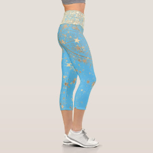 Leggings Capri Mandala envoûtant avec Gold Stars sur Turquoise