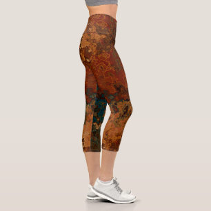 Leggings Capri Marbre bleu, turquoise et rouille Abstrait