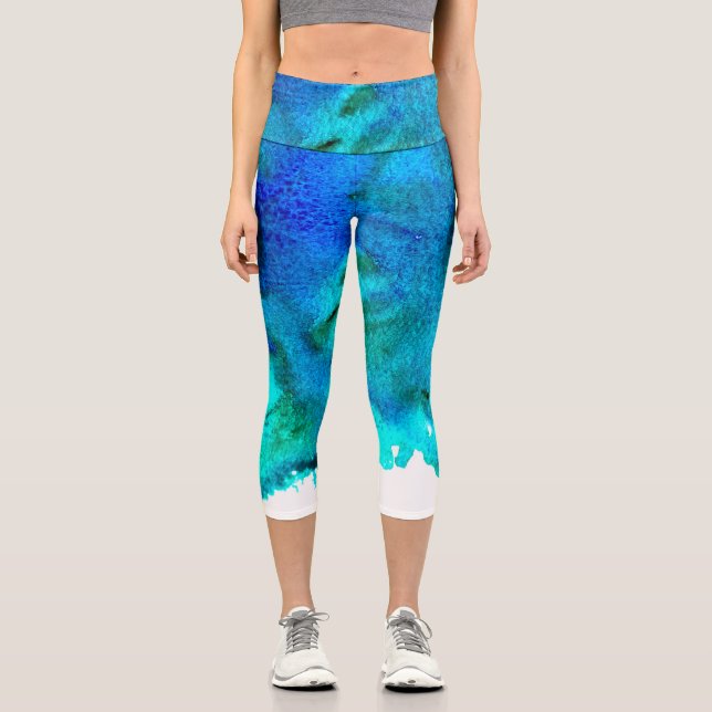 Leggings Capri Marbre d'aquarelle bleu moderne (Recto)