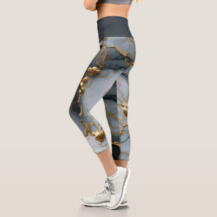 Leggings Capri Marbre Onyx Fumé avec Veines Dorées