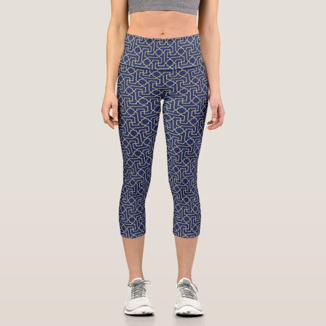 Leggings Capri Marine Blue & Faux Gold Motif de mosaïque marocain (Recto)
