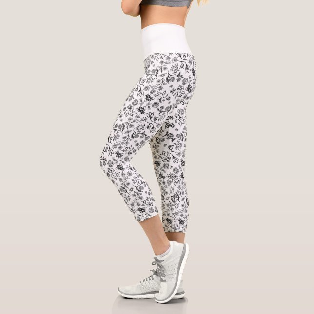 Leggings Capri Miel Abeilles & Fleurs Liberty Motif Noir & Blanc (Gauche)