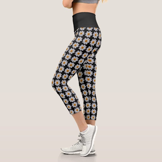 Leggings Capri Modèle floral dahlia blanc sur noir (Gauche)