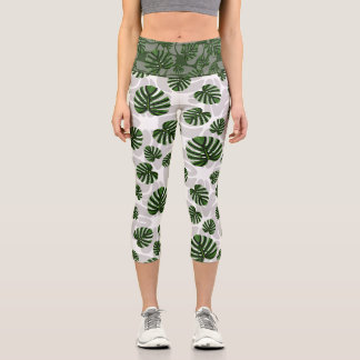 Leggings Capri Modern Boho Botanical Leaves Pattern
