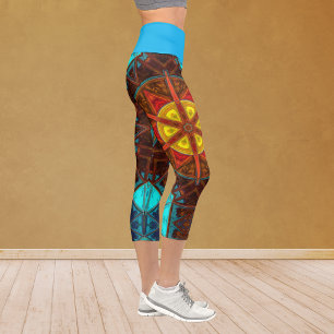 Leggings Capri Mosaic Kaleidoscope Fleur Jaune Orange et Bleu