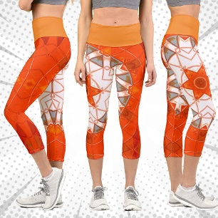 Leggings Capri Mosaic Mandala Orange et Blanc