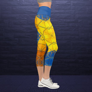 Leggings Capri Mosaïque Kaleidoscope Carré Jaune et Bleu Leging