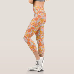 Leggings Capri Motif à fleurs Orange Retro