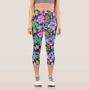 Leggings Capri Motif d'aquarelle Feuille rose-rose-jaune