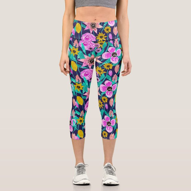 Leggings Capri Motif d'aquarelle Feuille rose-rose-jaune (Recto)