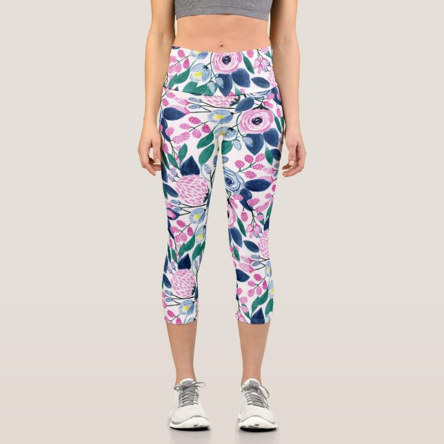 Leggings Capri Motif d'aquarelle Sweet Rose Navy Flowers (Recto)