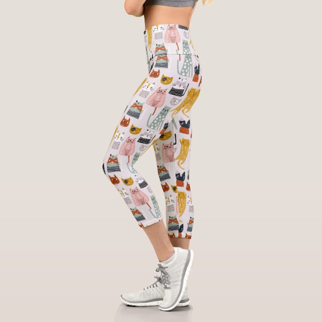 Leggings Capri Motif de chat à main mignon Doodle (Gauche)