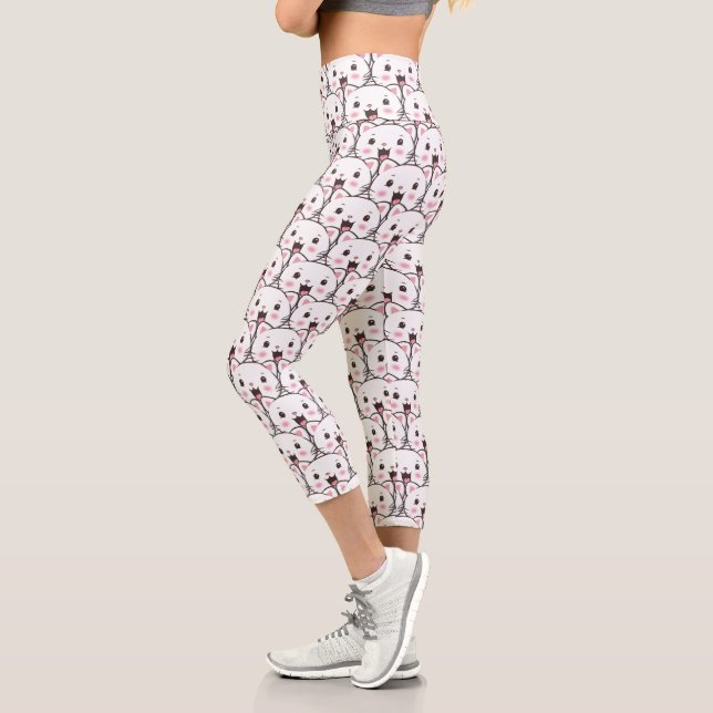 Leggings Capri Motif de dessin animé de visage de chat blanc magn (Gauche)