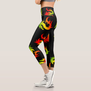 LEGGINGS CAPRI MOTIF DE DRAGON ROUGE COLORÉ EN NOIR