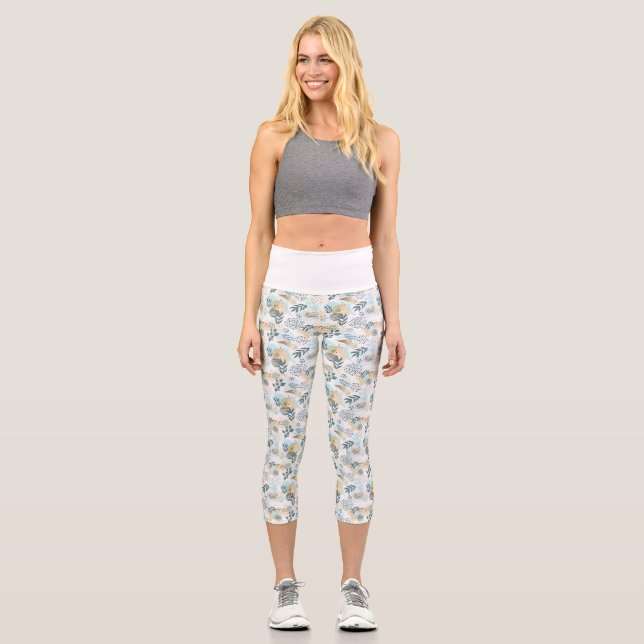 Leggings Capri Motif de feuillage bleu glace blanche (Recto)