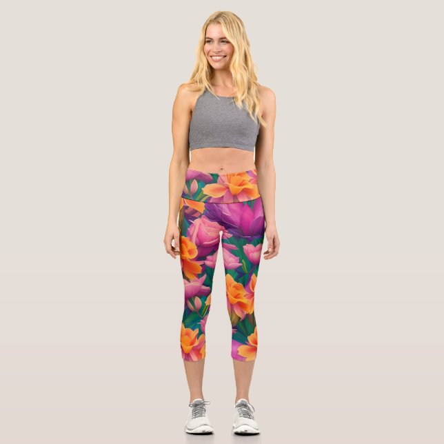 Leggings Capri Motif de fleurs tropicales hawaïennes (Recto)