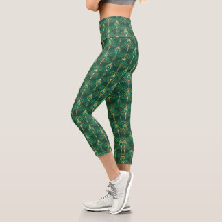 Leggings Capri Motif de plumes de paon en vert émeraude et or