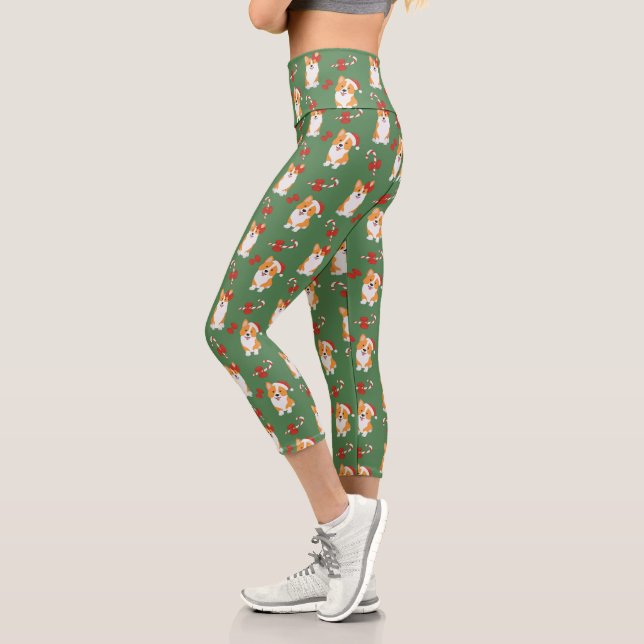 Leggings Capri Motif de Sucre de canne de Noël de Corgi (Gauche)