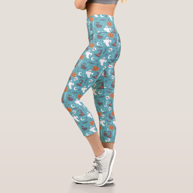 Leggings Capri Motif d'Halloween Turquoise amusant (Gauche)