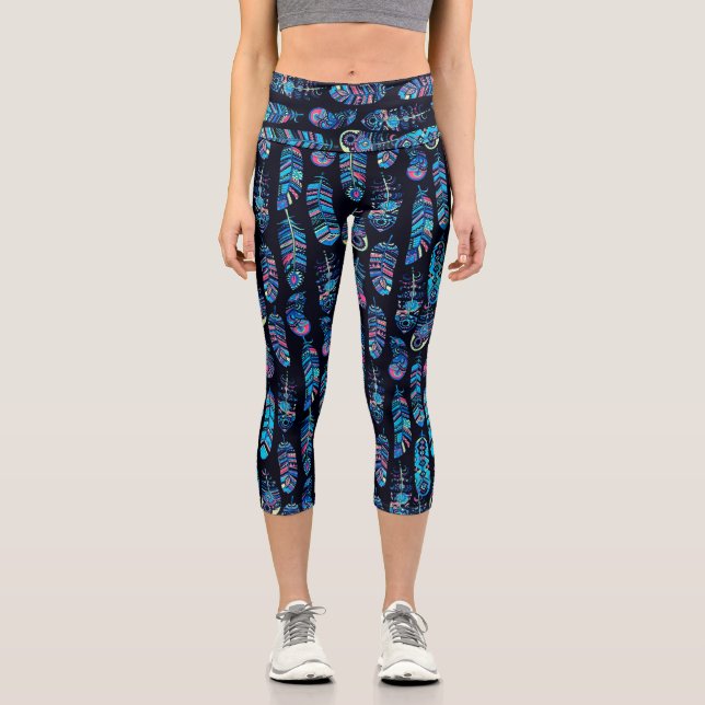 Leggings Capri Motif en plume noir et turquoise (Recto)