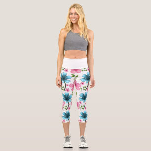 Leggings Capri Motif floral rose et bleu sans couture