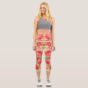 Leggings Capri motif floral rose et feuille