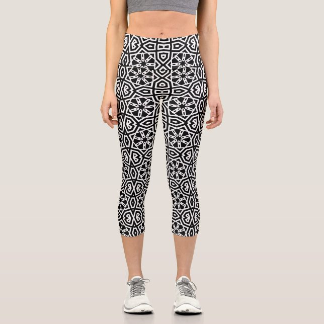 Leggings Capri Motif géométrique chic noir et blanc contemporain (Recto)