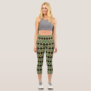 Leggings Capri Motif Harlequin en Or, Vert et Noir 