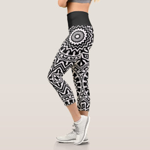 Leggings Capri Motif mandala abstrait gras en noir et blanc