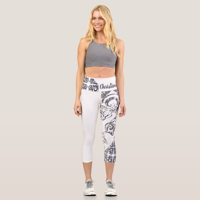 Leggings Capri Motif noir et blanc asymétrique et votre nom (Recto)