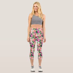 Leggings Capri Motif Rose vintage rose et violet