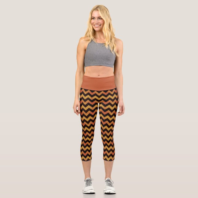Leggings Capri Motif Rustique Orange Jaune Et Noir Zigzag (Recto)
