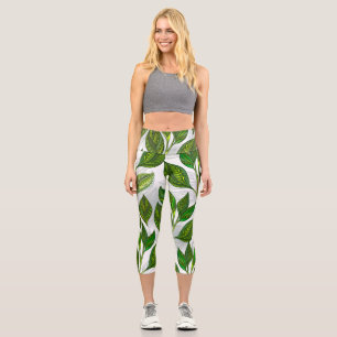 Leggings Capri Motif sans couture avec Feuilles de thé vert