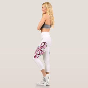 Leggings Capri Musical treble clef notes with sakura flowers