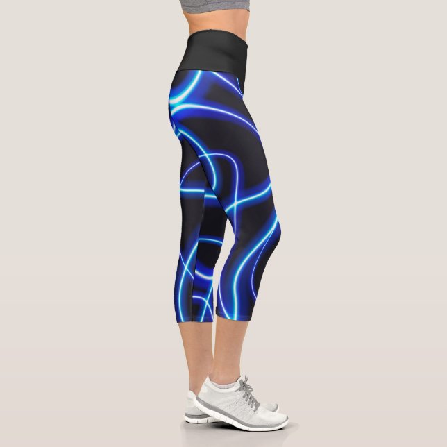 Leggings Capri Noir Abstrait Moderne Et Néon Bleu (Droite)