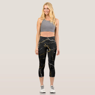 Leggings Capri Noir avec feuille d'or motif en marbre