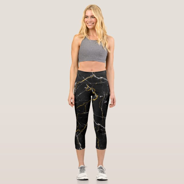 Leggings Capri Noir avec feuille d'or motif en marbre (Recto)