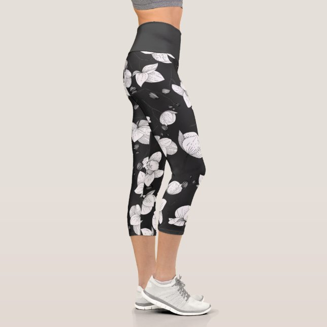 Leggings Capri Noir & blanc élégant orchidée floral moderne (Droite)