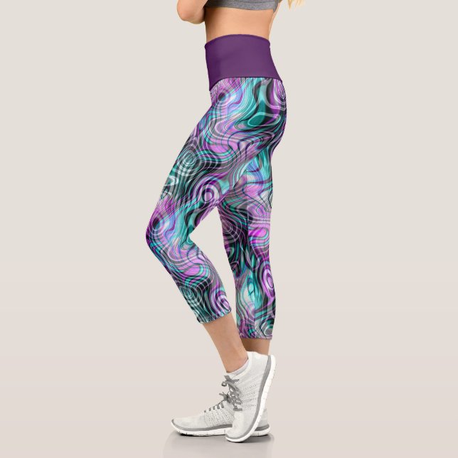 Leggings Capri Noir blanc rose violet Aqua Turquoise Fractées (Gauche)