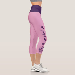 Leggings Capri Nom Personnalisé - Doodle Fleur Violet - Rose Soli