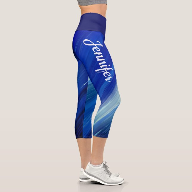 Leggings Capri Nuances de traits bleus avec nom (Droite)