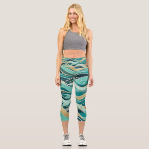 Leggings Capri Océan Abstrait moderne Turquoise Nautique Vague ma