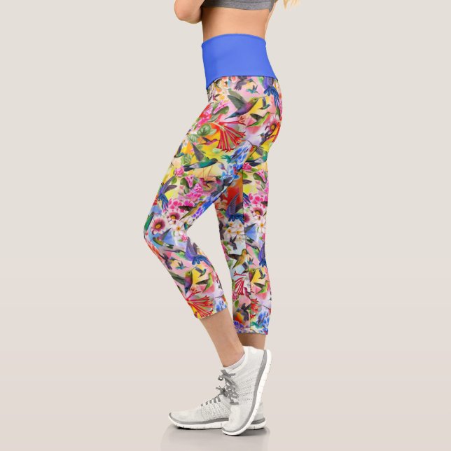 Leggings Capri Oiseaux de brousse et fleurs colorés (Gauche)