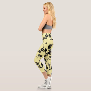 Leggings Capri Oiseaux en fleurs de cerises Noir sur Pla jaune ci