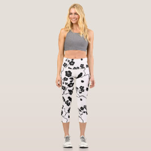 Leggings Capri Oiseaux Motifs noirs et blancs sur les fleurs de c