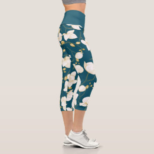 Leggings Capri Or, blanc & bleu élégant orchidée floral moderne