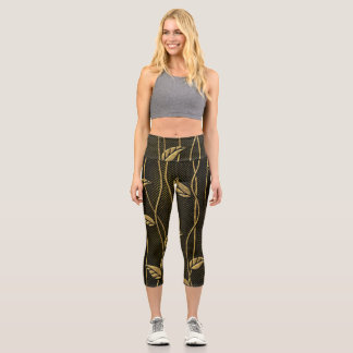 Leggings Capri Or et noir : Texture 3D Feuille.