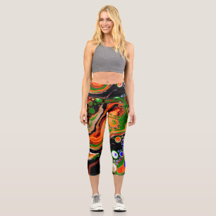 Leggings Capri Orange, Bleu, Vert, Black Digital Fluid Art