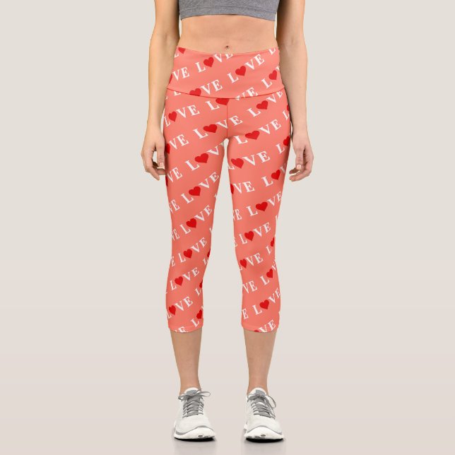 Leggings Capri Orange LOVE et Red Heart Motif Élégant romantique (Recto)