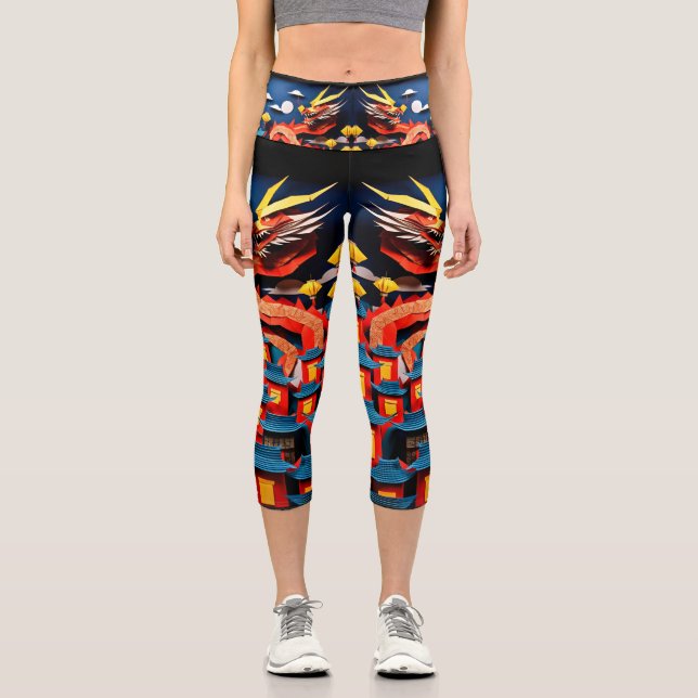 Leggings Capri Origami dragon chinois de Nouvel An mignon HWCL3 (Recto)